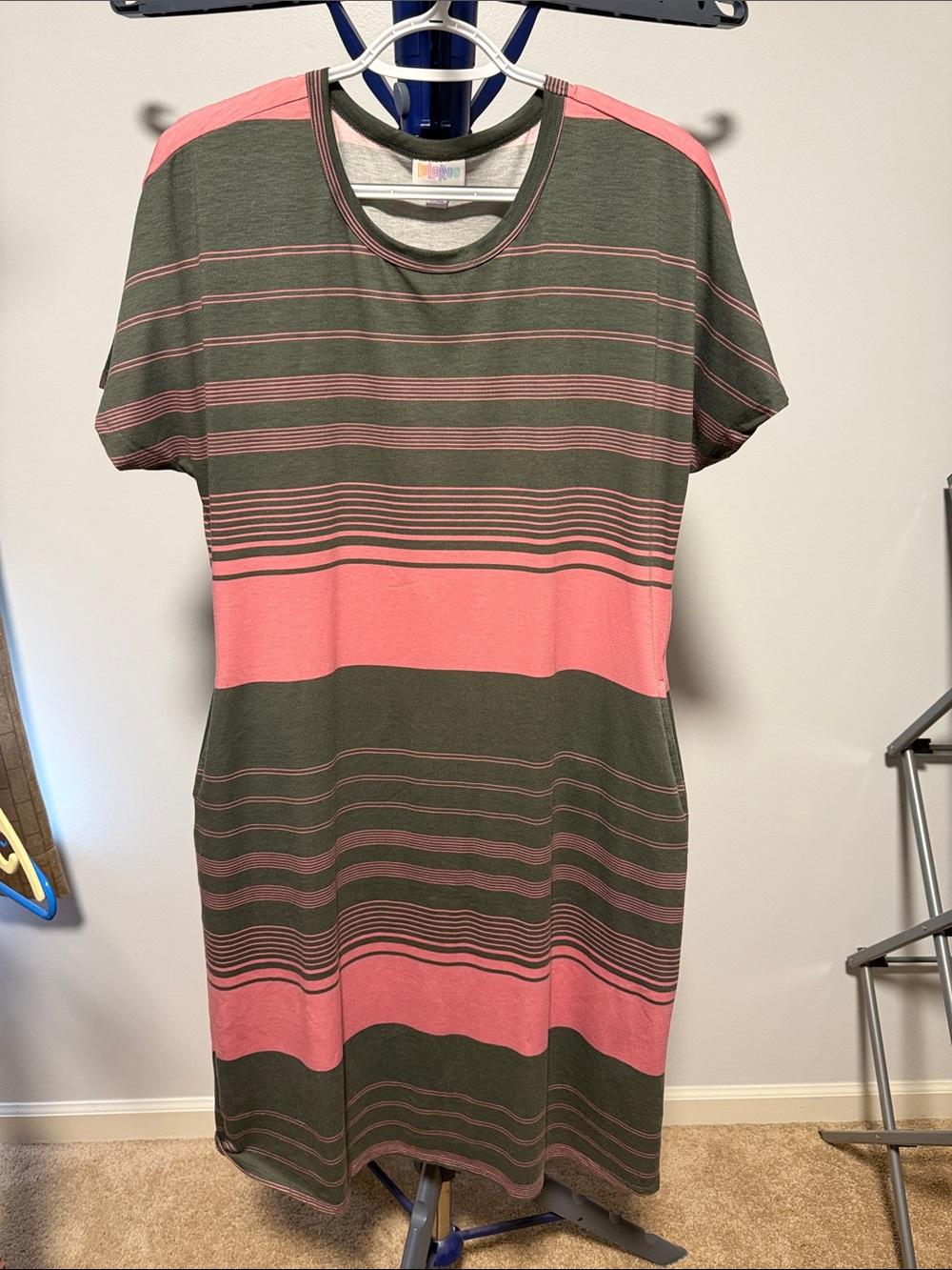 LuLaRoe Gray and Dusty Pink Striped Midi Dress
